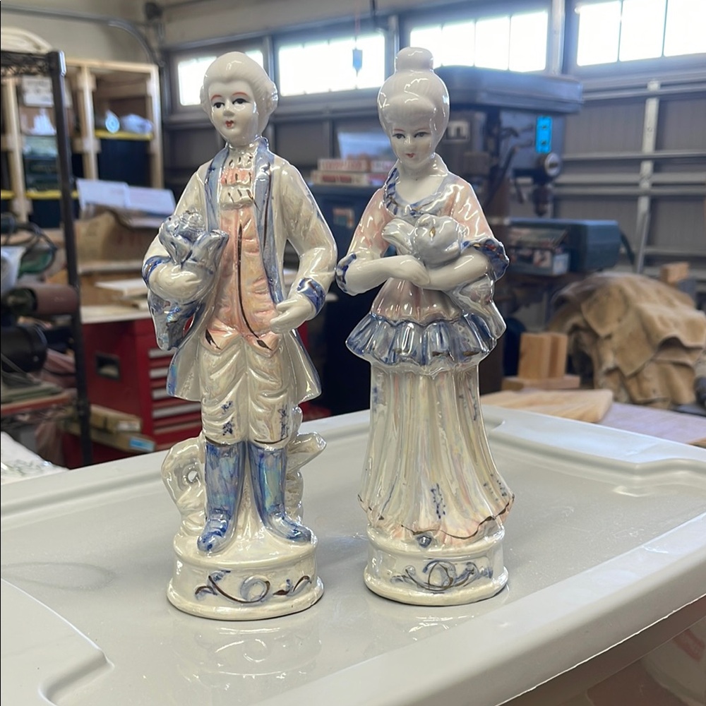 Blue and Pink Ceramic Figurines Decorative Pair